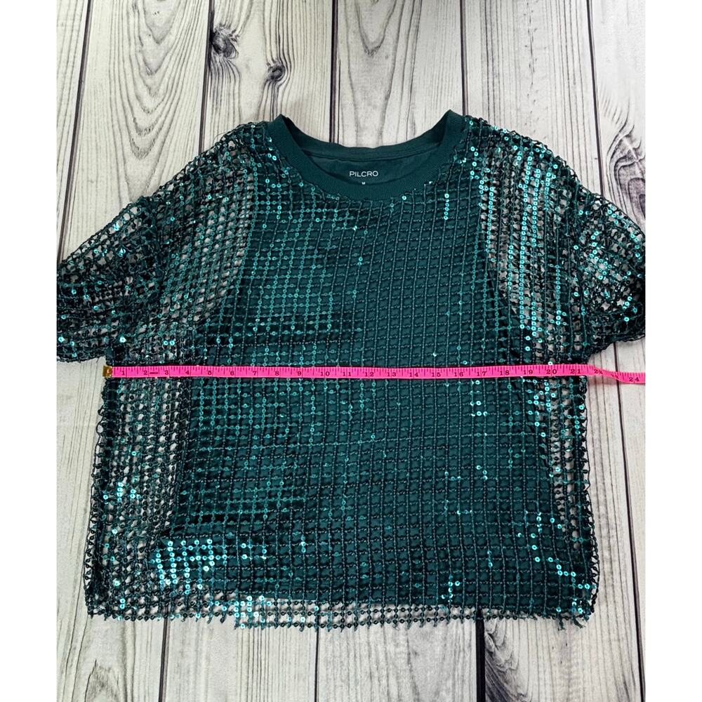 Pilcro Anthropologie Sequin Top Balloon Sleeve Sz M Blue Green Top - Picture 7 of 11